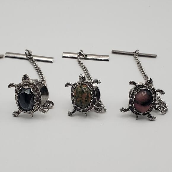 (6) Vtg Silver Tone Stone Cabochon Turtle Tortoise Shaped Tie Tack Chain 1-1/2" - Picture 3 of 7